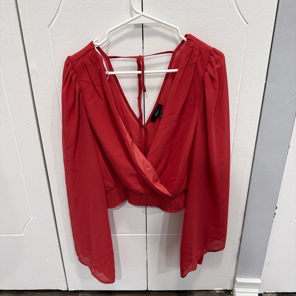 NWOT Lulus Loving Aura Coral Red Smocked Long Flutter Sleeve Top - Picture 3 of 8